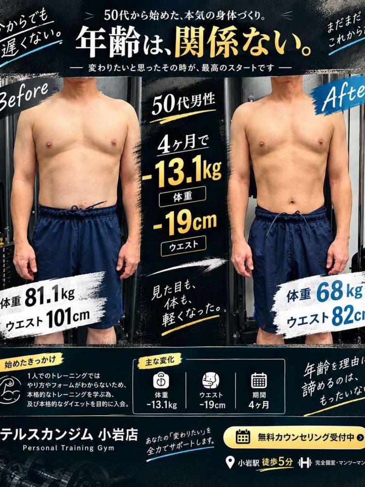 年齢なんて関係ない！50代からの本気ダイエット 体重-13.1kg・ウエスト-19cmのビフォーアフター