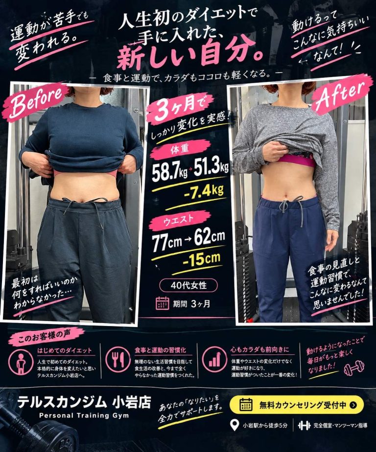 40代女性 ３カ月 体重58.7kg→51.3kg ウエスト77cm→62㎝ ビフォーアフター