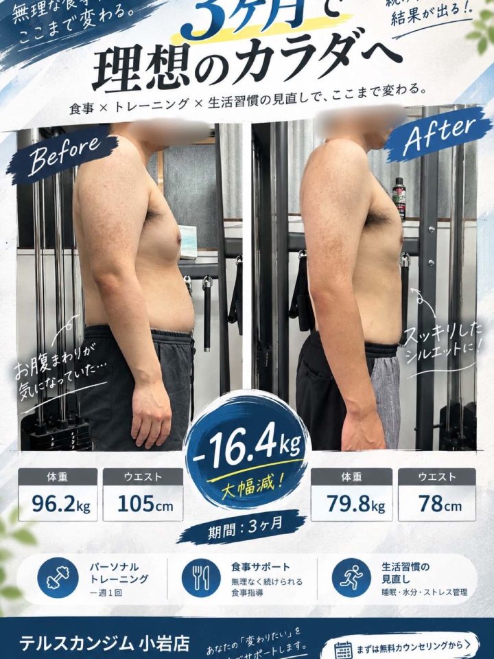 3ヶ月の身体変化　体重-16.4kg ウエスト-27cmのビフォーアフター